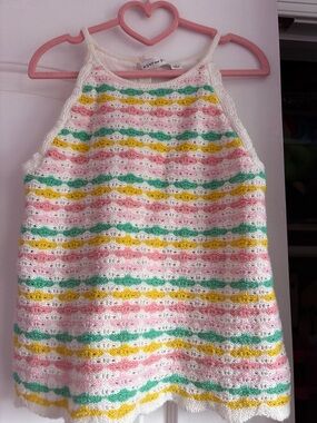 Janie and Jack White Pink Yellow Green Striped Crochet Dress